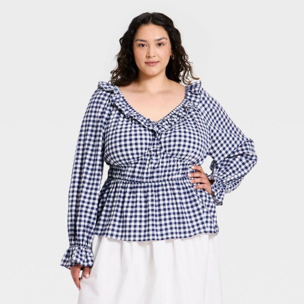 Women's Plus Balloon Long Sleeve V-Neck Frill Woven Top - Navy Blue Gingham 2X